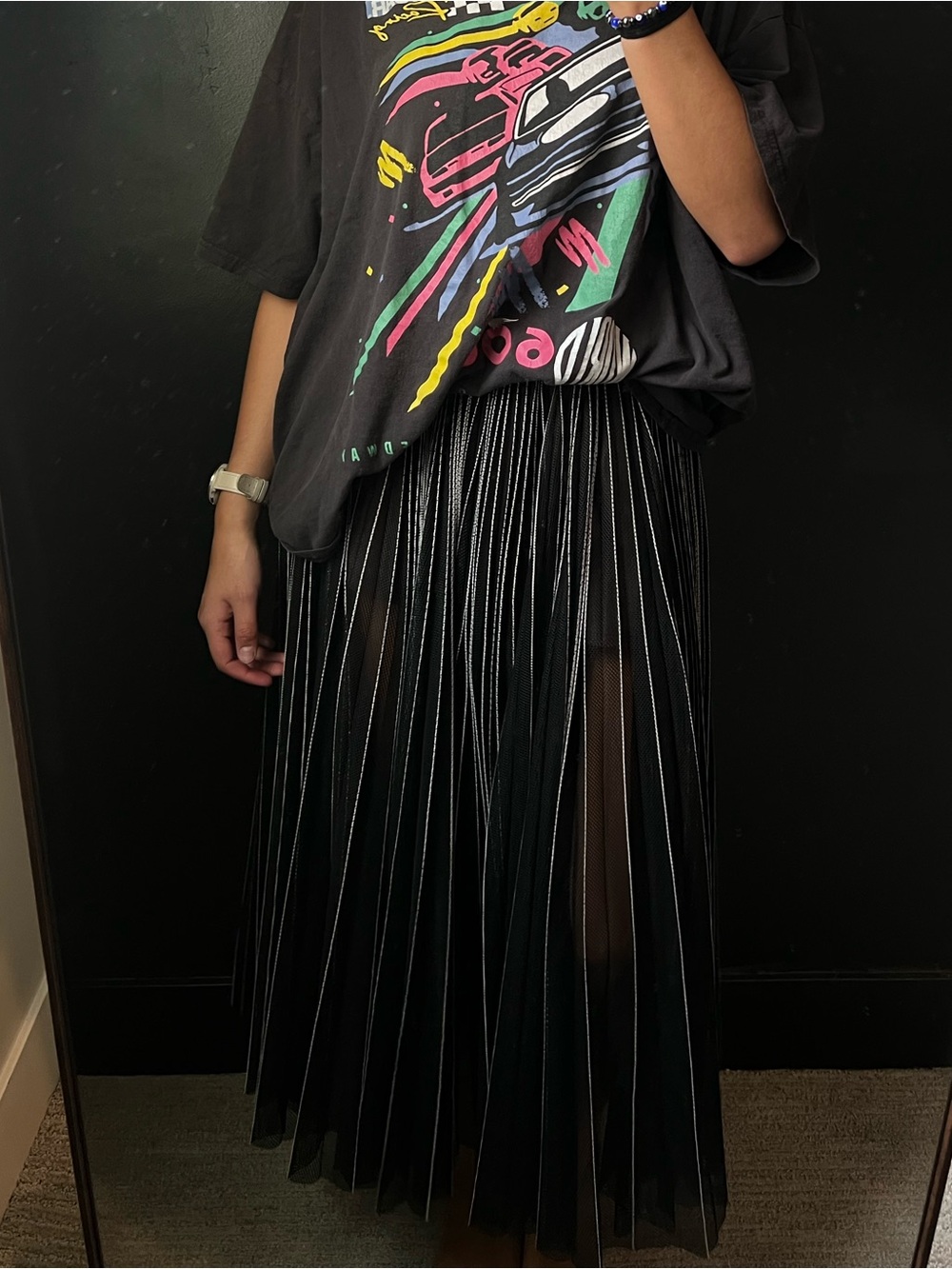 Sheer Pleated Maxi Skirt in Black